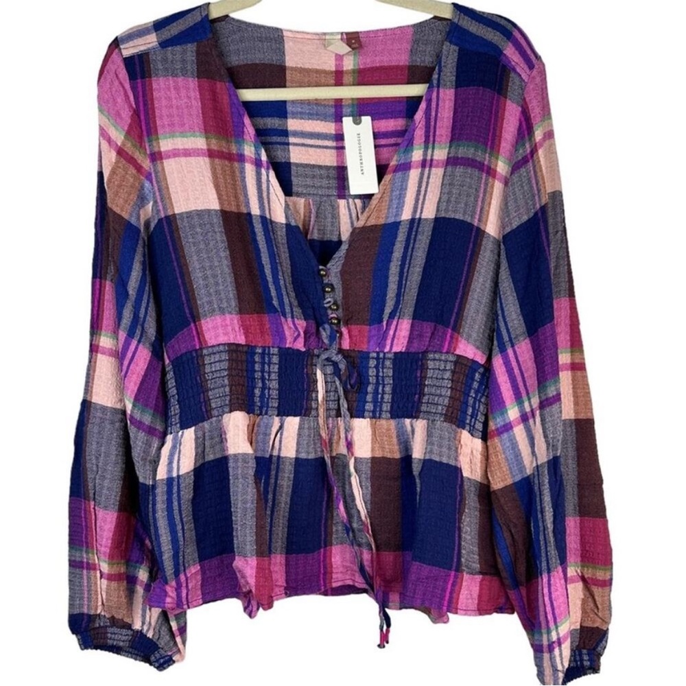 NWT Pilcro Plaid Print Blouse V-Neck Long Sleeves Smock Waist Purple Navy - Picture 4 of 5